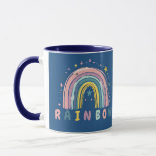 Taza de café con arcoíris pastel y estrellas linda