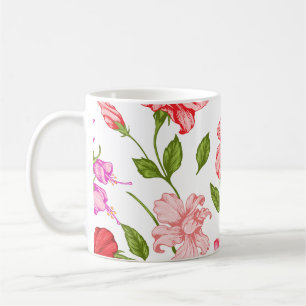 Taza de café con arte botánico de hibisco rosa tro