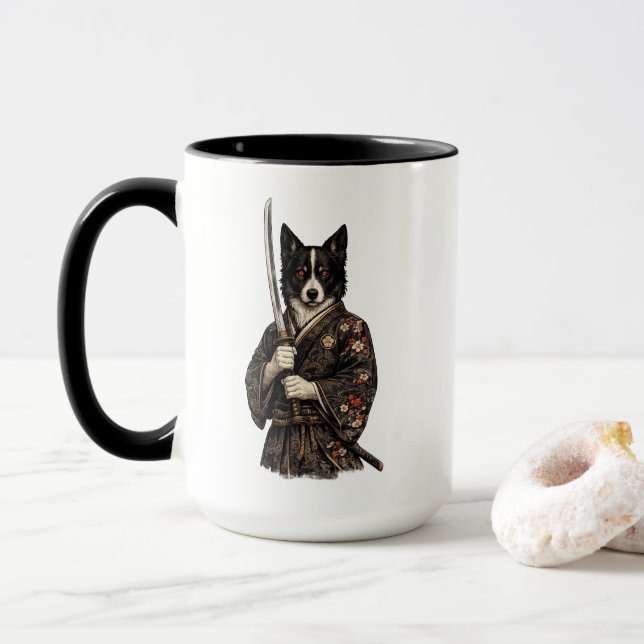 Taza de café con arte de fantasia de perro guerrer (Con donut)