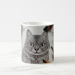 Taza de café con arte de línea de mandala de gato 