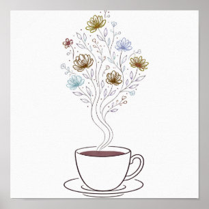 Taza de café con arte de línea de vapor floral