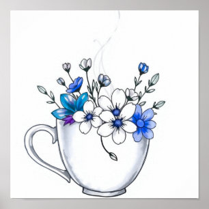 Taza de café con arte de línea de vapor floral