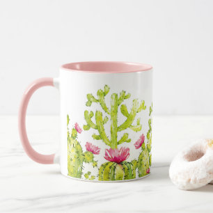 Taza de café con bonito cactus del desierto con fl