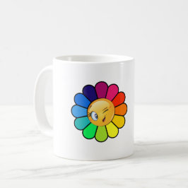 Taza de café con cara sonriente de flor de arcoíri