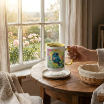 Taza de café con cita de pájaro azul