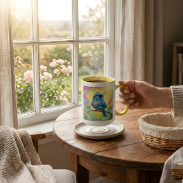Taza de café con cita de pájaro azul