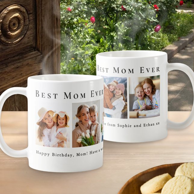 Taza de café con collage de 5 fotos personalizadas (A coffee mug for the "Best Mom Ever", with a collage of 5 favorite photos and personalized message)