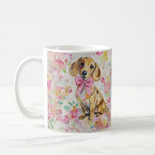 Taza de café con Dachshund en acuarela y flores ro