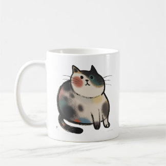 Taza de café con dibujo de gato calico regordete y
