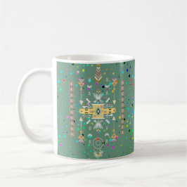 Taza de café con diseño tribal amarillo y verde