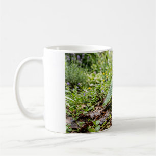 Taza de café con erizo asomándose bajo una hoja
