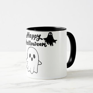 Taza de café con fantasma espeluznante y feliz Hal