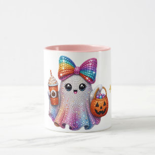 Taza de café con fantasma y lazo de purpurina para
