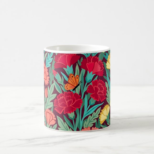 Taza de café con flores de Carnations y mariposas  (Centro)