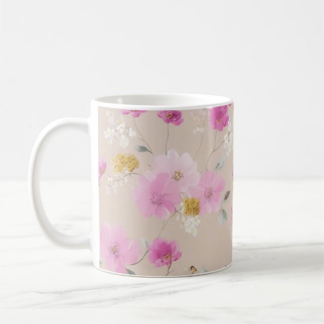 Taza de café con flores de tono rosa (Izquierda)