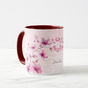 Taza de café con flores rosadas acuarela