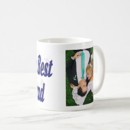 Taza de café con foto de esposo con texto en azul 