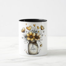 Taza de café con frasco de mason lleno de flores