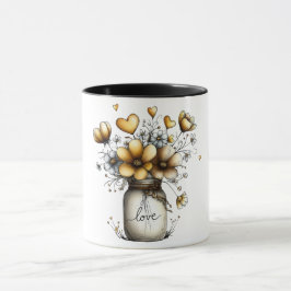 Taza de café con frasco de mason lleno de flores