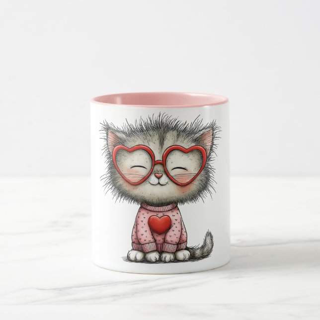 Taza de café con gatito sonriente que calienta el  (Centro)