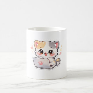 Taza de café con gato Kawaii lindo trabajando en p