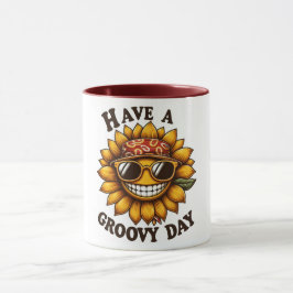 Taza de café con girasol sonriente y moderno
