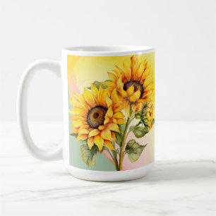 Taza de café con girasoles de acuarela amarilla de