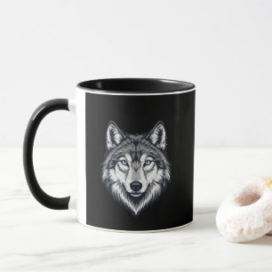 Taza de café con gráfico de cabeza de lobo solitar