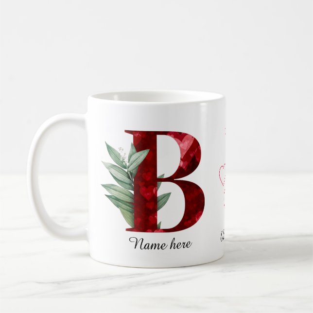 Taza de café con inicial de letra B floral corazón (Izquierda)