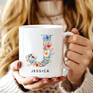 Taza de café con inicial floral personalizada rega