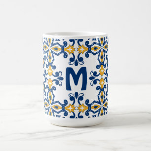 Taza De Café Con iniciales 💛 💙azulejos azules y amarillos