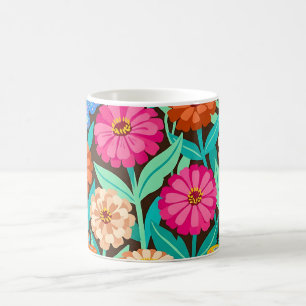 Taza de café con jardín de zinnias abstractas y ma