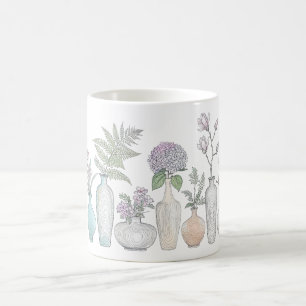Taza de café con jarrón de flores de arte botánico