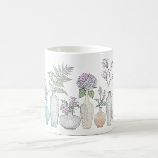 Taza de café con jarrón de flores de arte botánico