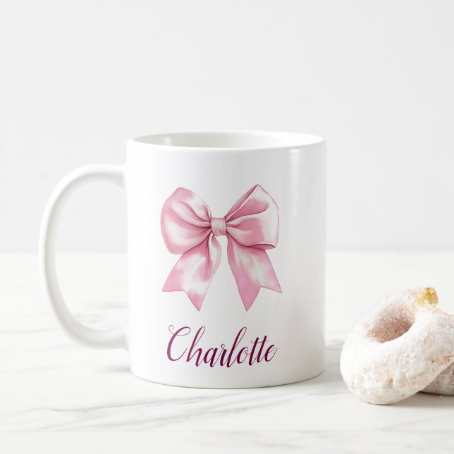Taza de café con lazo rosa elegante y nombre (Con donut)