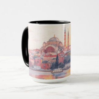 Taza de café con mezquita hermosa y paisaje urbano