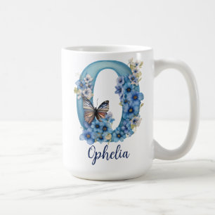 Taza de café con monograma azul floral de 15 oz
