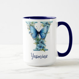 Taza de café con monograma azul floral de 15 oz