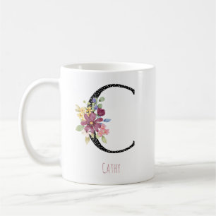 Taza de café con monograma C floral con lunares