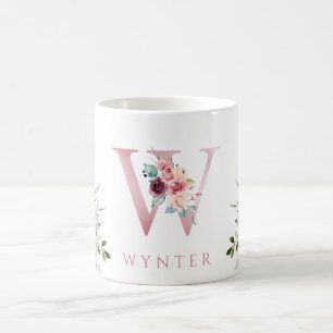 Taza de café con monograma de acuarela floral letr