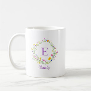 Taza de café con monograma de corona de flores sil