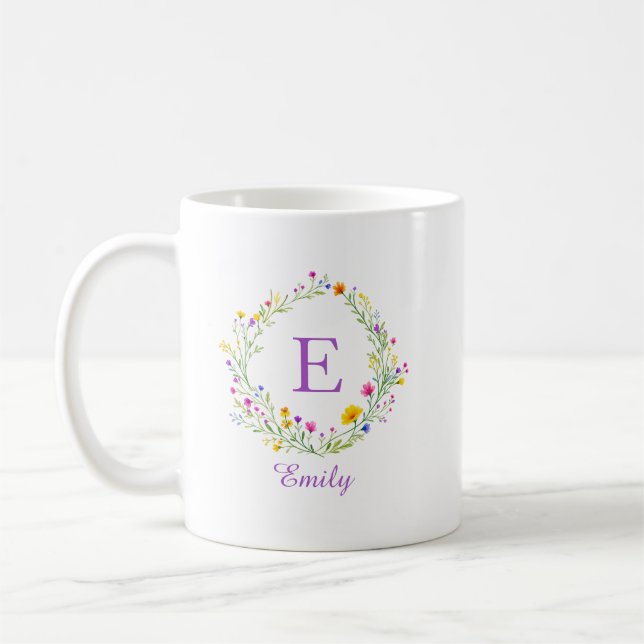 Taza de café con monograma de corona de flores sil (Izquierda)