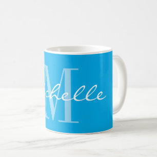 Taza de café con monograma de nombre elegante azul