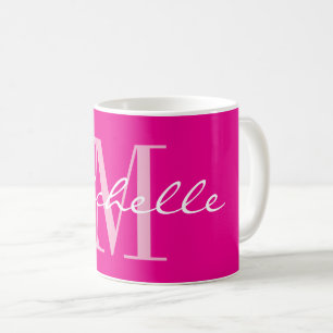 Taza de café con monograma de nombre rosa neón ele
