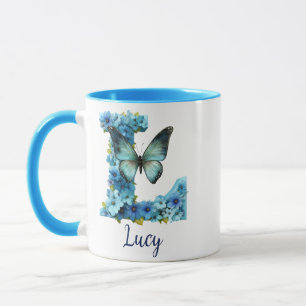 Taza de café con monograma floral azul de 11 oz