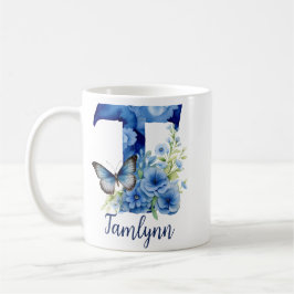 Taza de café con monograma floral azul de 11 oz