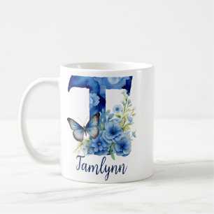Taza de café con monograma floral azul de 11 oz