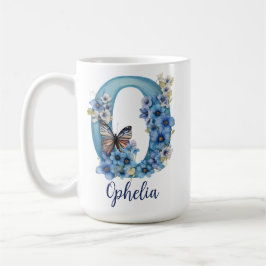 Taza de café con monograma floral azul de 15 oz