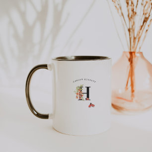Taza de café con monograma floral de mariquita en 