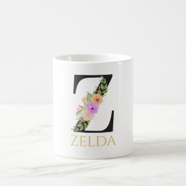 Taza de café con monograma floral en acuarela